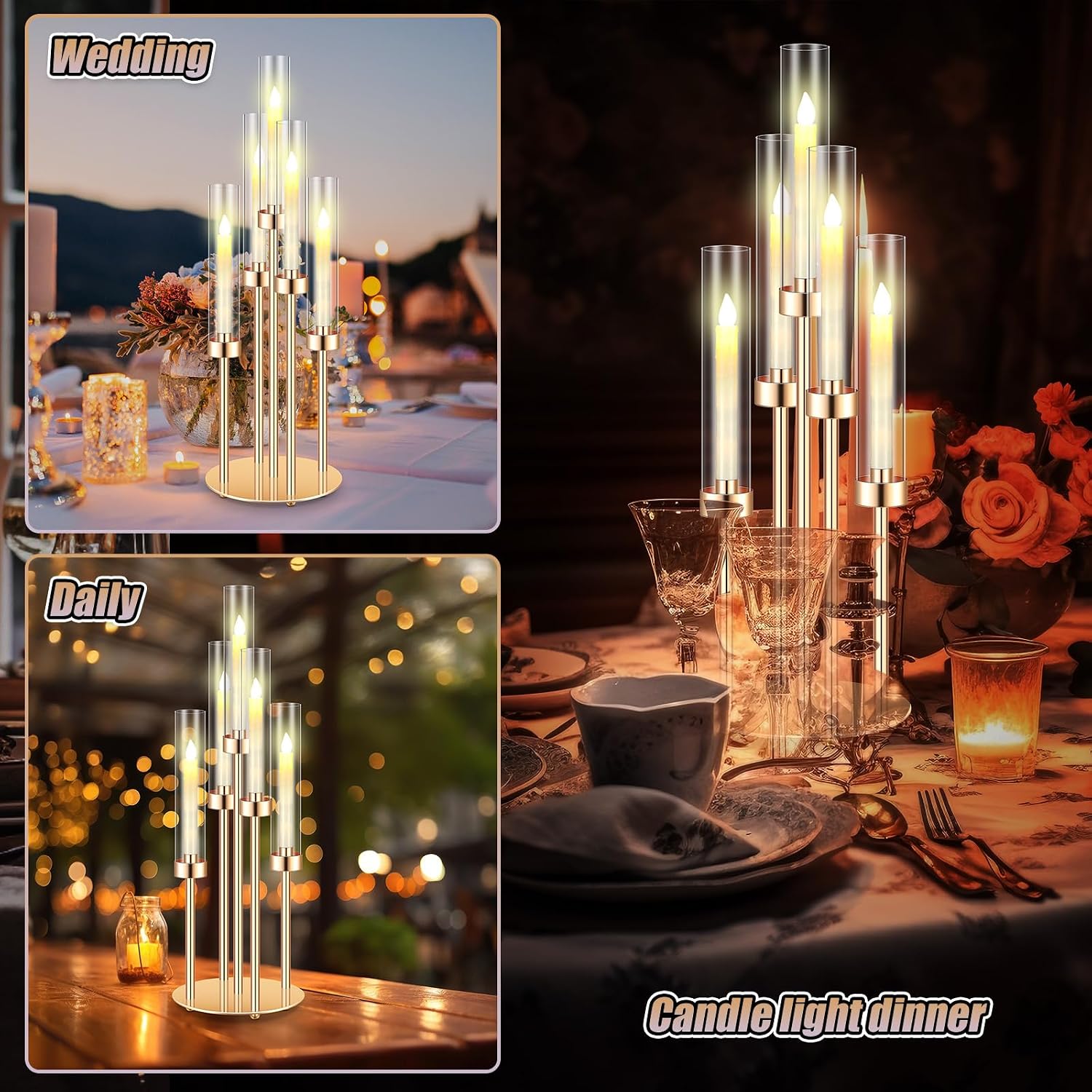 Tandefio 4 Set 5 Arm Gold Candelabra Table Centerpiece with LED Candle, 26.8' Tall Acrylic Cylinder Candle Holder with Lampshades Fit 0.8 for Wedding, Anniversaries, Dinner, Party, Easter, Home Decor
