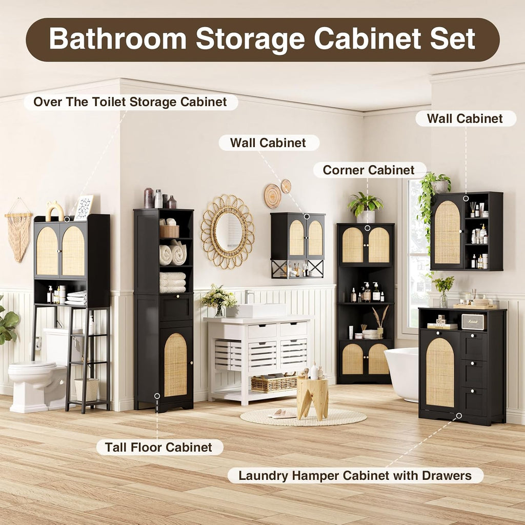 FiveWillowise 67''H Tall Corner Cabinet with Handmade Rattan Door, Rattan Storage Cabinet with Adjustable Shelves, Corner Bookshelf Space Saver for Barthroom, Kitchen, Living Room, Black