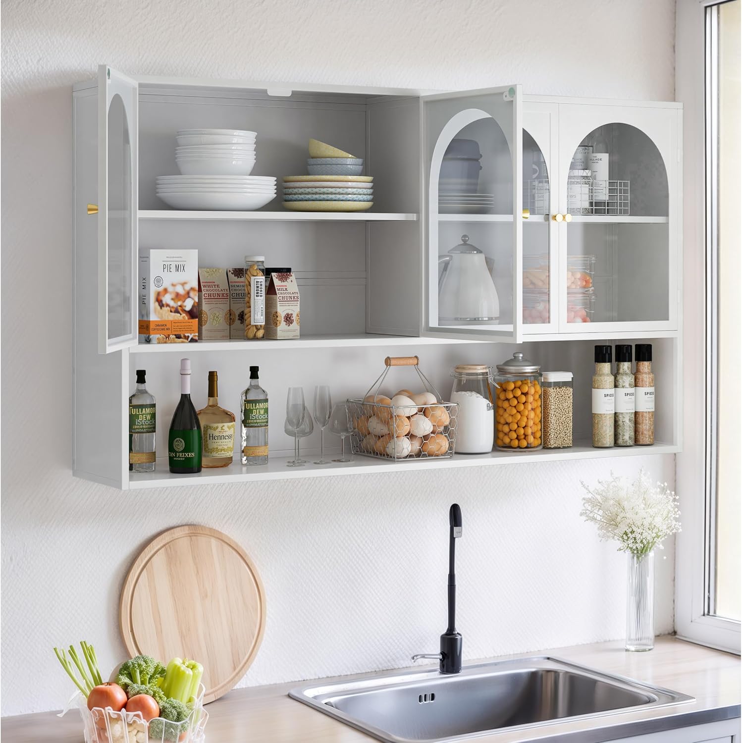 Retro Style Tempering Glass Door Wall Cabinet with Detachable Shelves and Open Shelves，for Office Dining Room,Living Room, Kitchen and Bathroom.White