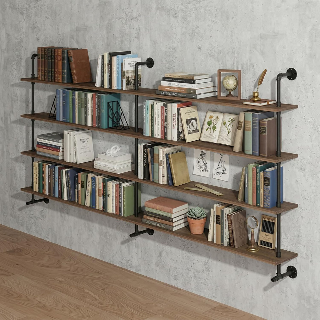 Industrial Pipe Wall Shelves Pipe Shelving with Real Wood Plank ,60 Inches Floating Shelves for Wall Farmhouse Pipe Book Shelves Dark Brown 4 Tier for Kitchen,Living Room Decor and Bar Shelving