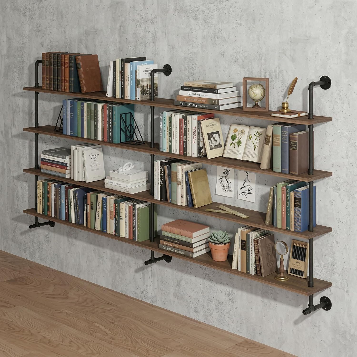 Industrial Pipe Wall Shelves Pipe Shelving with Real Wood Plank ,60 Inches Floating Shelves for Wall Farmhouse Pipe Book Shelves Dark Brown 4 Tier for Kitchen,Living Room Decor and Bar Shelving