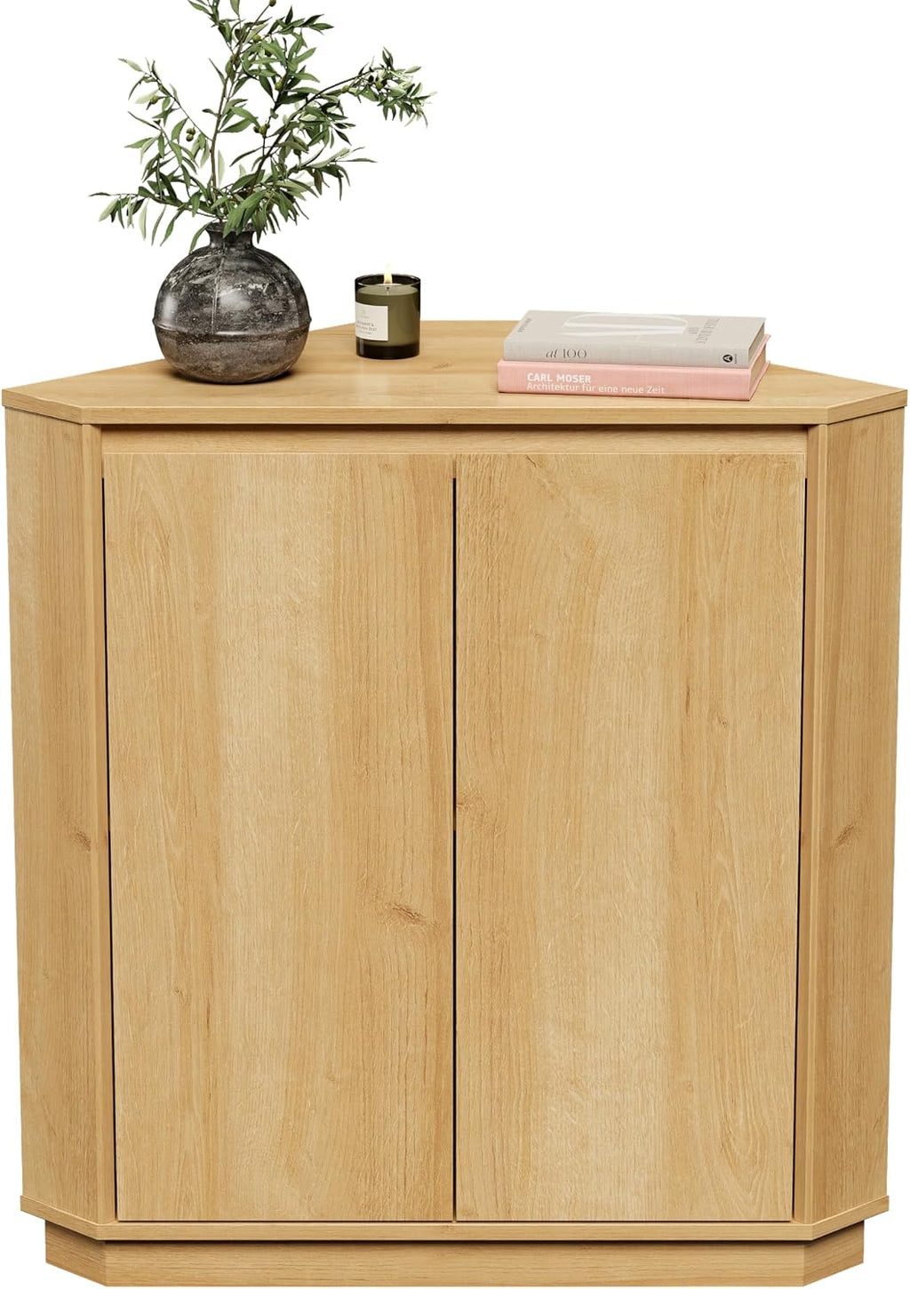 EYYTHUNG Corner Cabinet, Modern Handless Corner Floor Cabinet with 2 Doors and 2-Tier Shelves, Freestanding Narrow Organizer for Living Room Kitchen Bathroom, Natural Oak