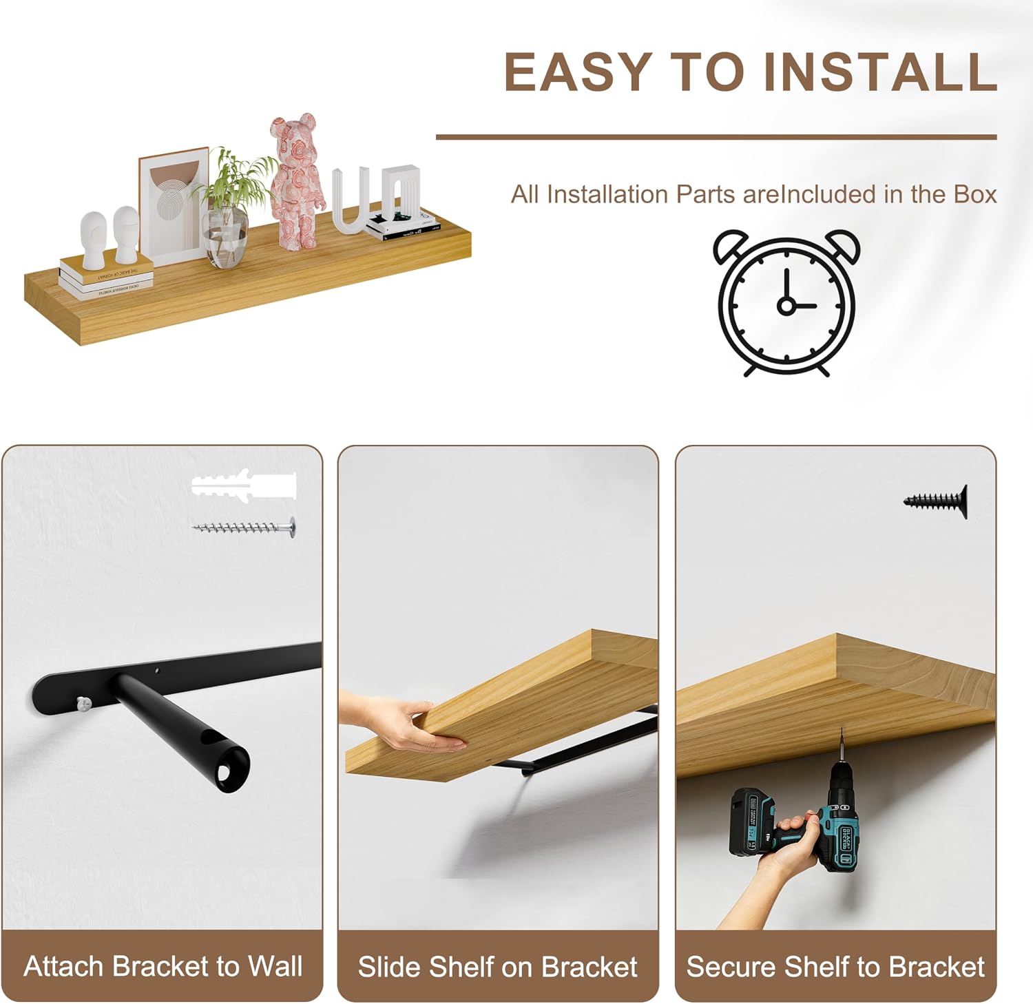 48-Inch Floating Shelves, Set of 3 Wall Mounted Storage Ledges, 12-Inch Deep Extra-Thick Solid Paulownia Wood Shelving for Kitchen, Living Room, Bedroom & Bathroom, Natural Clear Finish