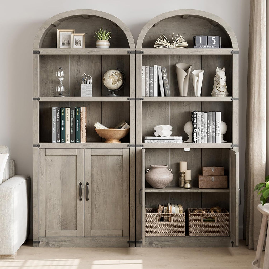 GarveeHome Bookcase with Doors Arched Bookshelf 71.65 in Tall Bookcase Farmhouse Cabinet with Shelves Wooden Bookshelves for Home Office, Living Room (Grey)