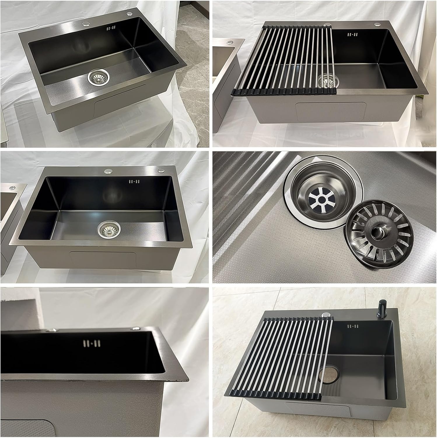 Stainless Steel Kitchen Sink, Small Single Bowl Sink, Topmount Compact Bar/Utility Sink With Tap Hole, Overflow & Drainer Kit, For Bar, Pub, RV, Campervan, Basement, Outdoor Use(Black,55x45cm)