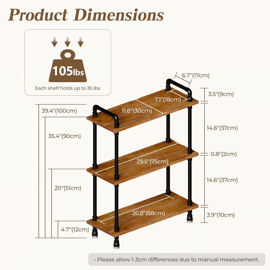Industrial Bookshelf, Rustic Open Bookcase, 3 Tier Wood and Metal Bookshelves, Solid Pine Wood and Iron Pipe Storage Shelf Narrow Small Space Organizer for Living Room Office Bedroom Kitchen