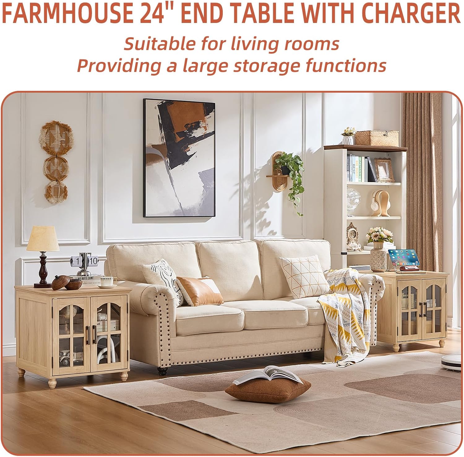 RWYHG Farmhouse End Table with Charging Station,24' Large Sofa Side Table with Glass Barn Door,Rustic Wood Night Stand with Adjustable Storage Shelf,Square Bedside Table for Living Room,Bedroom Office