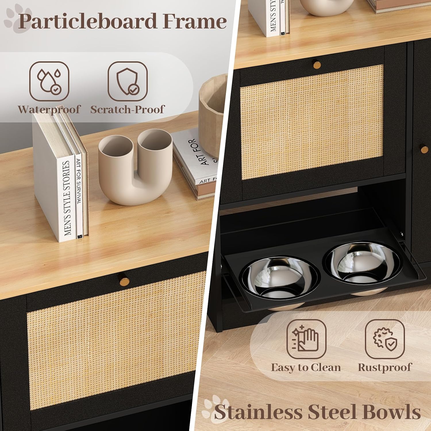 Rovibek Dog Food Storage Cabinet with 2 Raised Dog Bowls, Pet Food Cabinet Feeding Station with Tilt Out Storage Cabinets, Pet Feeding Station for 2 Dogs, Black