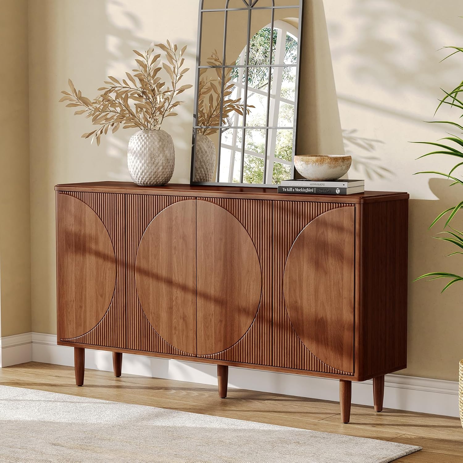 LITTLE TREE 59-Inch Buffet Cabinet Sideboard with Storage, Modern Sideboard Buffet Table with Doors for Living Room, Dining Room (Walnut)