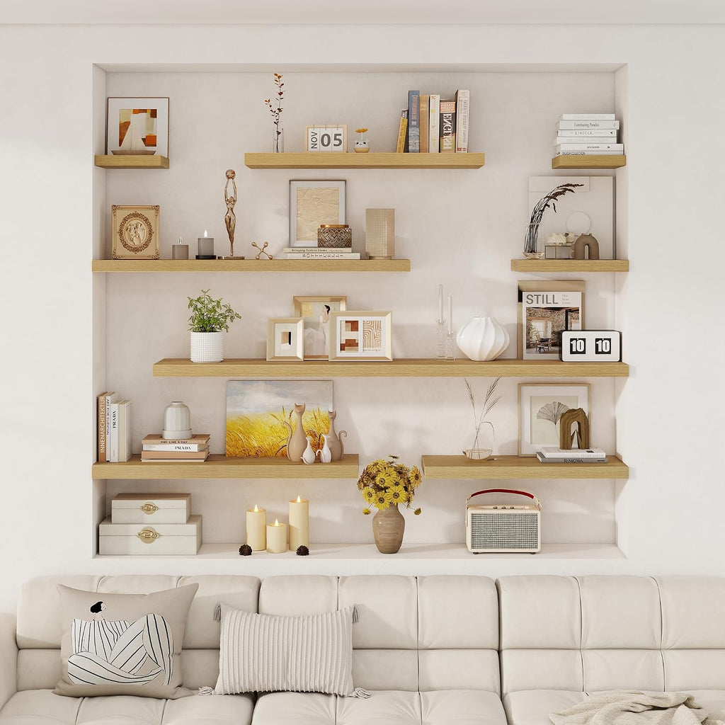 Fun Memories Deep Floating Shelves, 36' W x 12' D Wood Floating Shelves for Wall, 3 Pack Extra Deeper & Thicker Wall Mounted Storage Shelf for Living Room Laundry Room Kitchen Home Office, Oak