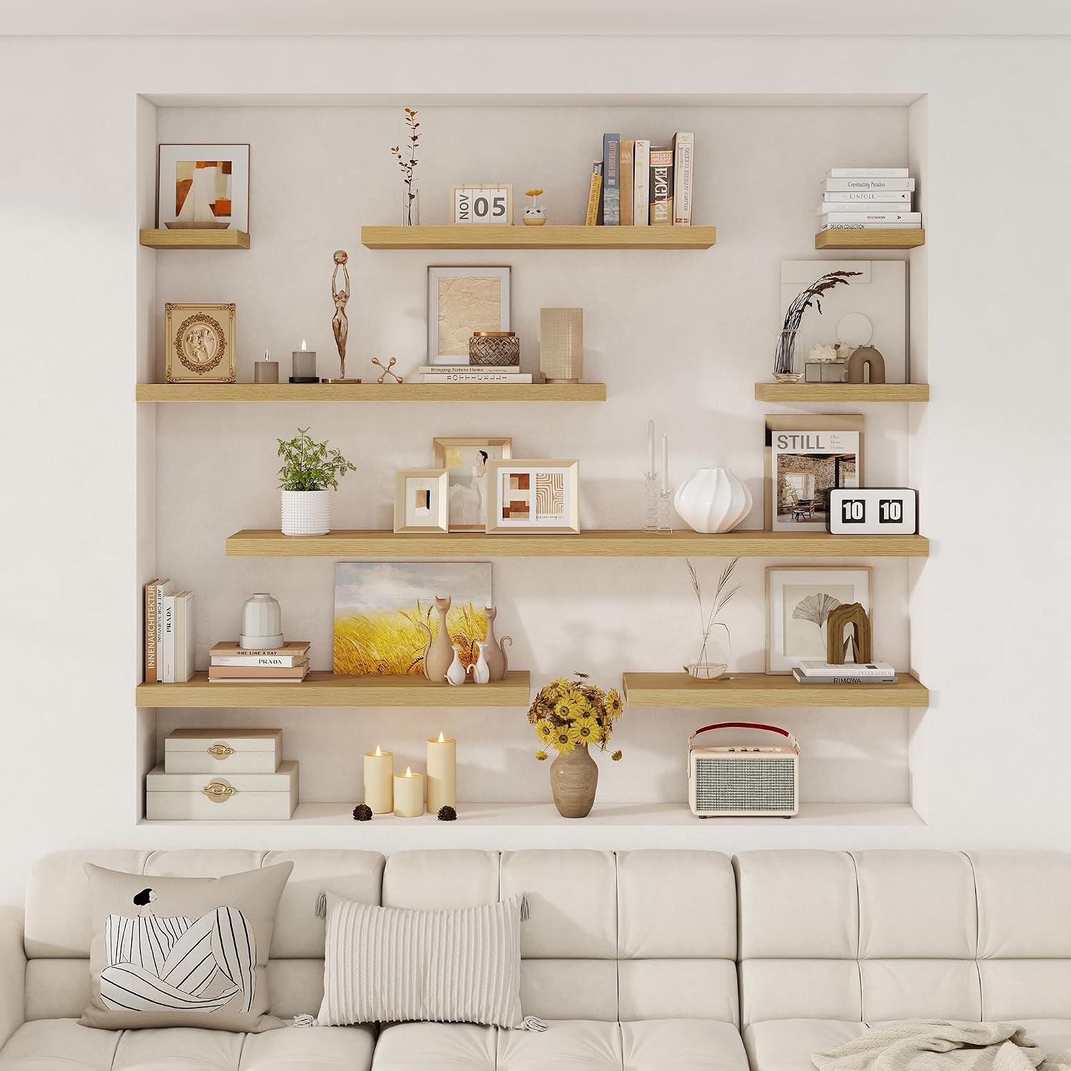 Fun Memories Deep Floating Shelves, 32W x 12D Oak Wall Shelves, 32 Long Rustic Wood Wide Storage Shelves for Bedroom, Kitchen, Farmhouse, Laundry Room, Bedroom, Kitchen, Home Office- Set of 3