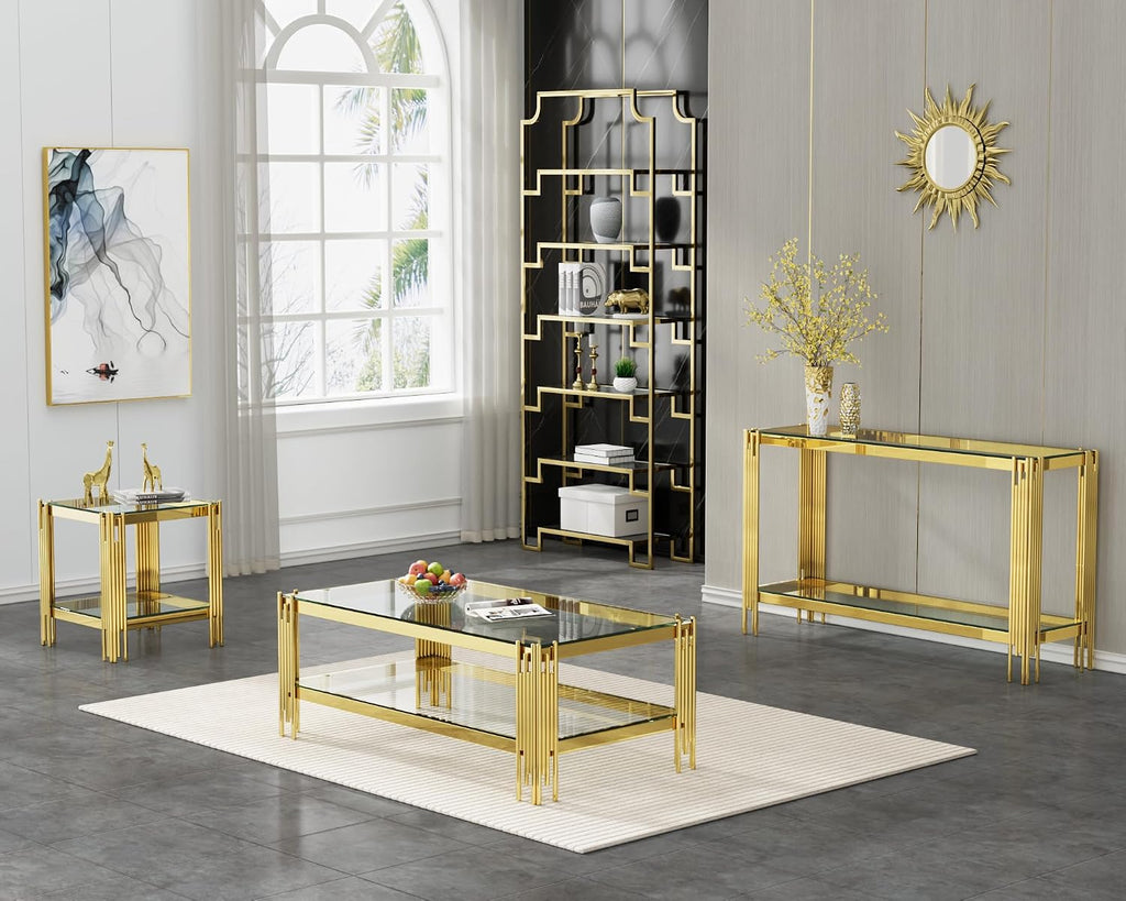 55' Glass Gold Console Table Luxury 2-Tier Sofa Table for Living Room, Rectangular Modern Entryway Hall Table with Clear Glass Top & Golden Stainless Steel Legs