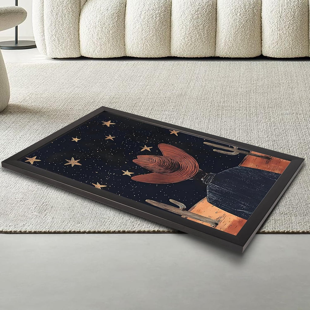 Black Framed Flat Vintage Starry Night Sky Poster Cowboy Hat Silhouette Cacti And Golden Stars Canvas Wall Art Western Prints Painting For Home Bedroom Dorm Wall Decor 24x36in Black Framed Flat
