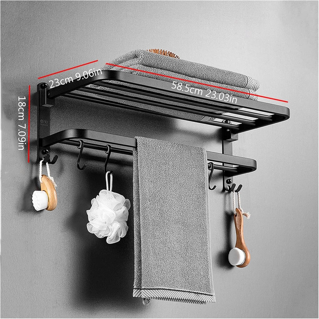 TOMYEUS Shower Caddy Bathroom Shelf Floating Shelves,Wall Mounted Bathroom Wall Shelves with Towel Bar,5 S-Shape Hooks Included,304 Stainless Steel Matte Black Shower Organizer