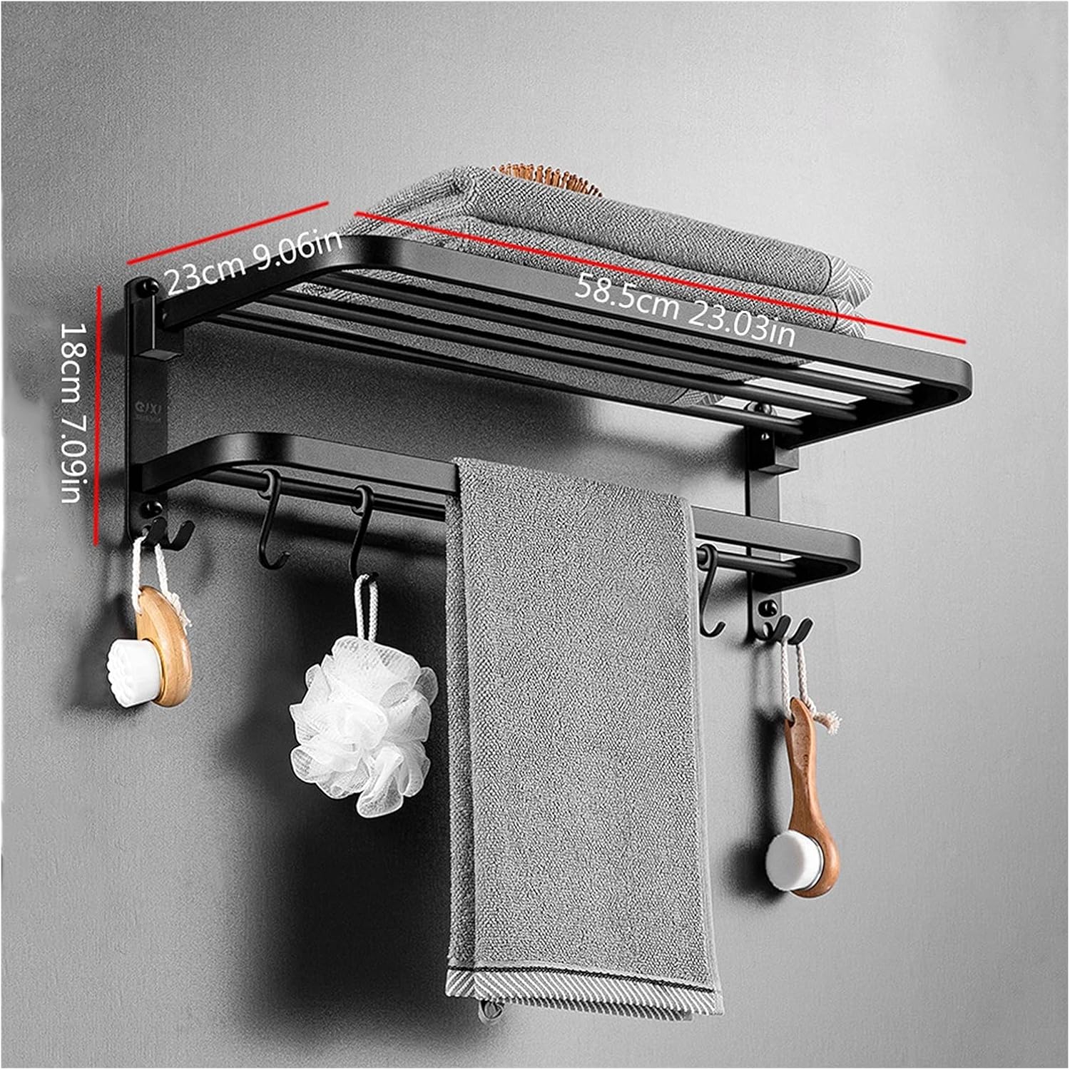 TOMYEUS Shower Caddy Bathroom Shelf Floating Shelves,Wall Mounted Bathroom Wall Shelves with Towel Bar,5 S-Shape Hooks Included,304 Stainless Steel Matte Black Shower Organizer