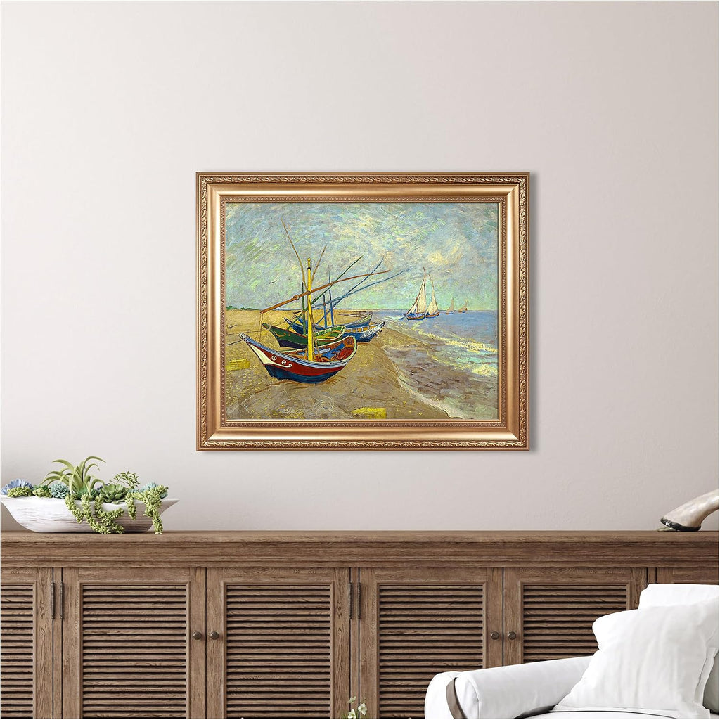 Boats at Saintes Maire by Vincent Van Gogh Framed Size:30x36 inches,Image Size:24x30 inches,Golden Frame The World Classic Art Reproductions,Wall Art for Home Decor