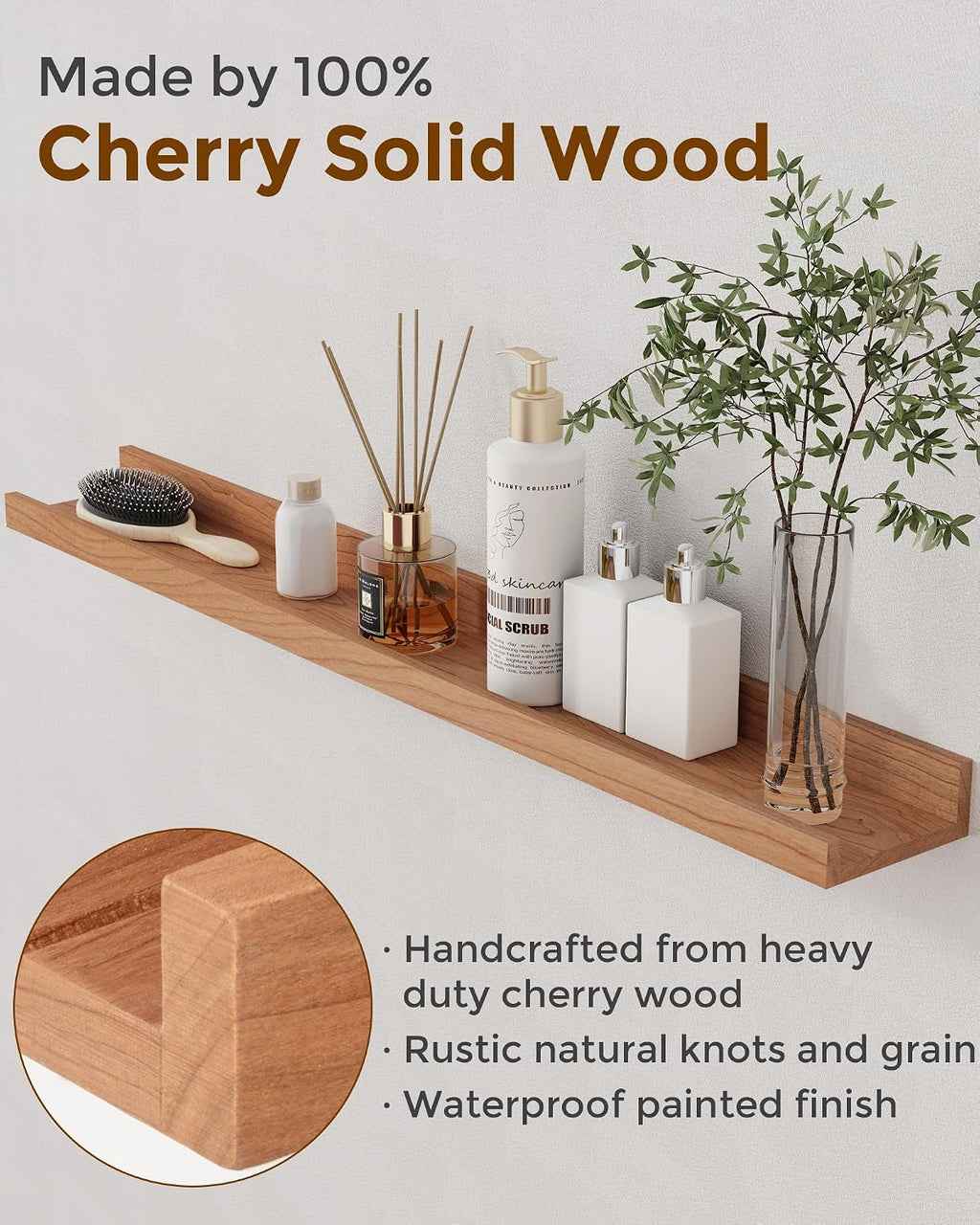 Axeman Cherry Picture Ledge Shelf, 72 Inch Floating Shelves Set of 2, Solid Wood Wall Shelves with Lip, Wall Decor Storage for Bedroom Living Room Bathroom Kitchen Nursery Photo, Natural Cherry