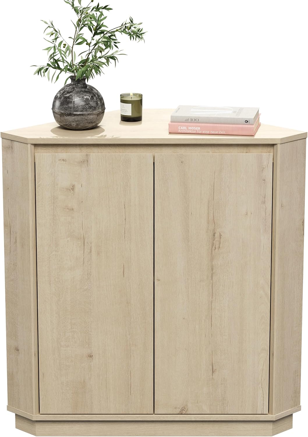 EYYTHUNG Corner Cabinet, Modern Handless Corner Floor Cabinet with 2 Doors and 2-Tier Shelves, Freestanding Narrow Organizer for Living Room Kitchen Bathroom, Light Oak