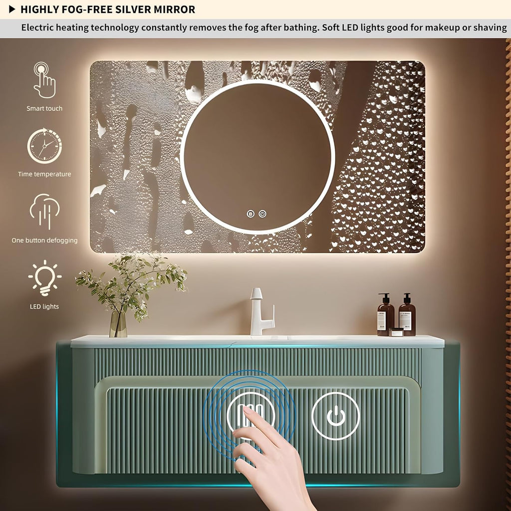 40 inch Bathroom Vanity, Elegant Floating Bathroom Vanity with Sink Smart Defog Mirror Cabinet and LED Strip Light, Solid Wood Modern Bathroom vanities with Large Storage Space,Milk Coffee Color