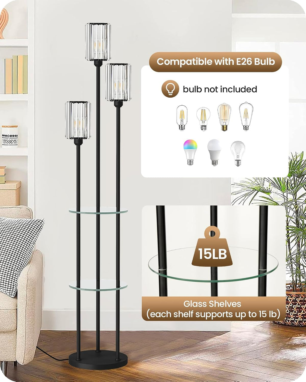 Black Floor Lamp with Shelves, Modern Floor Lamp with 3 Crystal Shades and Foot Switch, 3-Light Standing Lamp, for Living Room, Bedroom, Study, Office, Black B53LD05