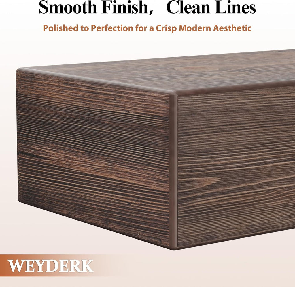 60 Inch Fireplace Mantel Shelf - 8' Deep Solid Wood Floating Mantel for Over Fireplace - 90LBS with Invisible Bracket - Handcrafted TV Decor for Livingroom & Bedroom - Charred Rustic Brown