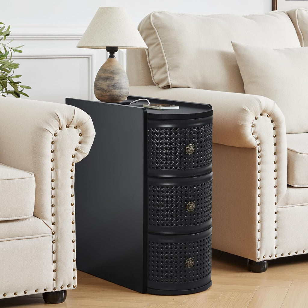 Metal Rattan Narrow End Table with Charging Station, Black Side Table with Drawers Storage, Small Night Stand with Power Outlets and USB Ports for Living Room