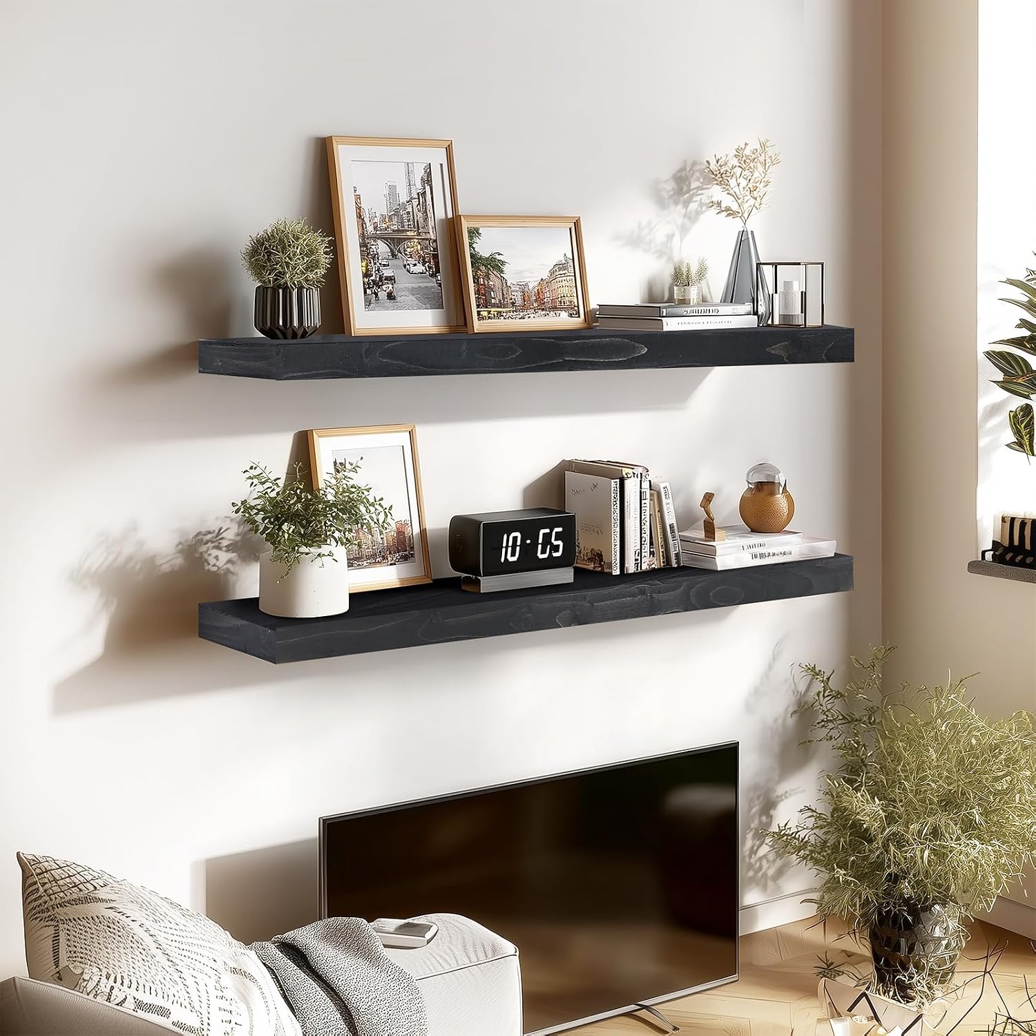 48x6.8x2in Floating Shelf – Natural Black Solid Wood Rustic Mounted Shelf – Heavy Duty Decorative Storage for Living Room, Kitchen, Bathroom, Bedroom