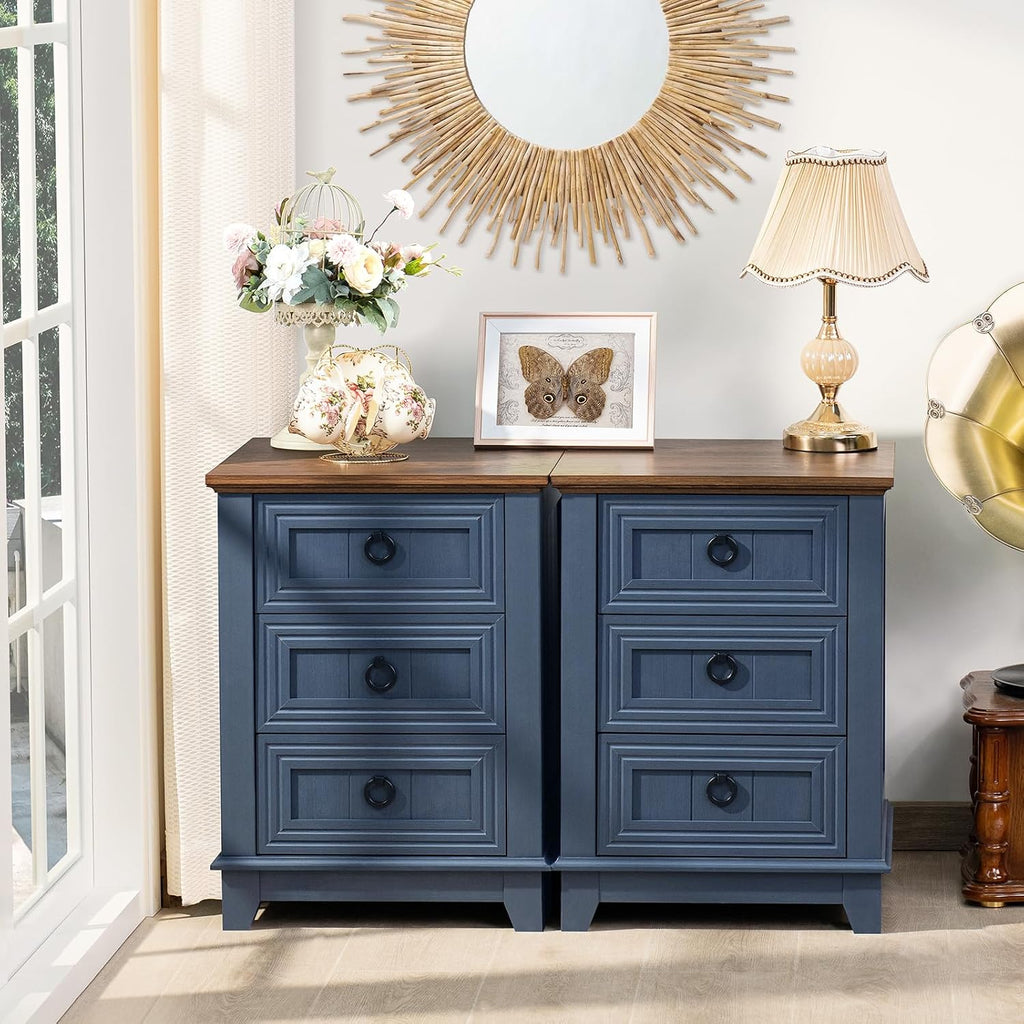 Joaxswe Night Stand Set of 2, Farmhouse 18' End Table with 3 Drawer Metal Handle, Dresser for Bedroom, Sofa Bed Side Table Chest of Drawers,Wood Nightstand Cabinet for Organizer, Living Room-Blue