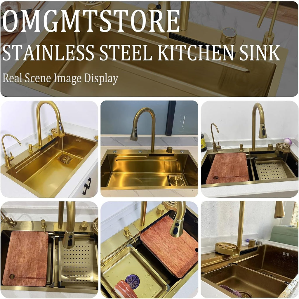 Waterfall Kitchen Sink Top-Mount Stainless Steel Kitchen Bar Sink Nano Single Bowl Sink Multi-Function Workstation Sink with Pull-Out Faucet, 2 Drain Basket(