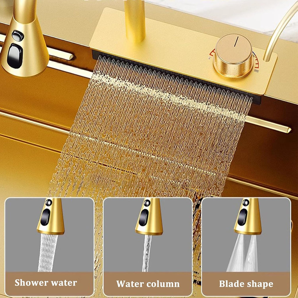 Golden Waterfall Sink Stainless Steel Sink Golden Waterfall Faucet Recessed Single Bowl Sink Complete Accessories (