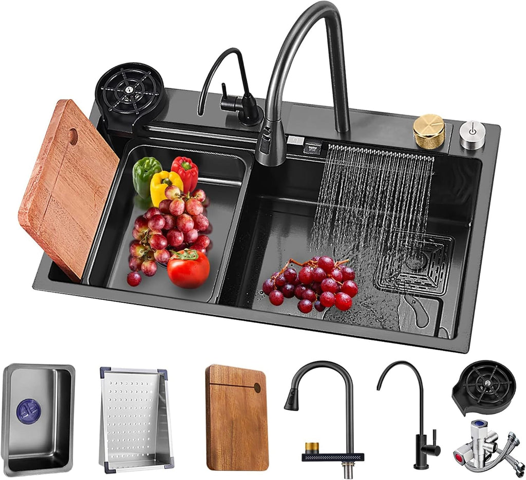 JATIBOSH Kitchen Sink Set Stainless Steel Nano Waterfall Single Bowl Sink Workstation Sink with Pull-Out Faucet, Pressurized Cup Washer (Color : BK, Size : 68x45CM)