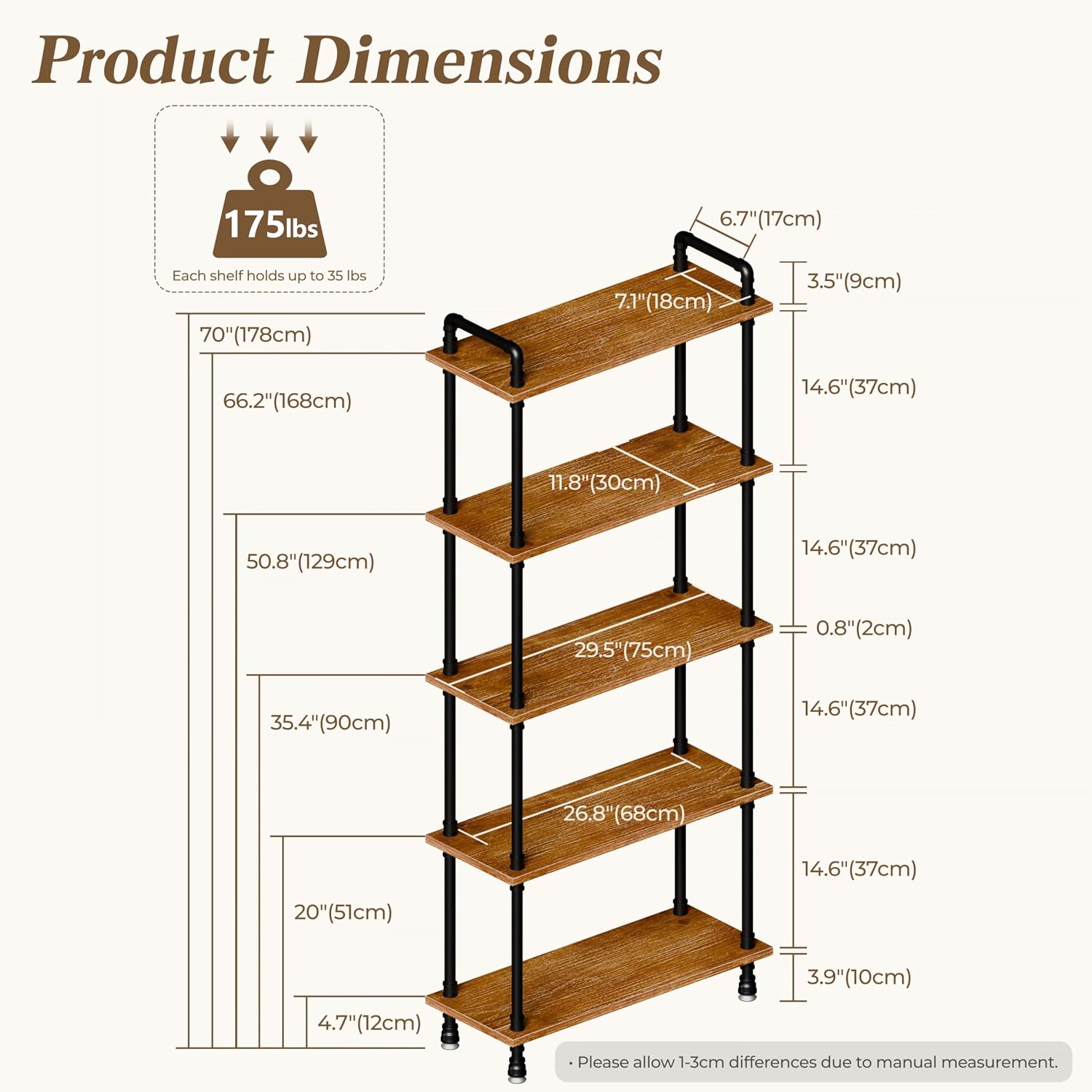 Industrial Bookshelf, Rustic Open Bookcase, 5 Tier Wood and Metal Bookshelf, Solid Pine Wood and Iron Pipe Tall Narrow Storage Shelf for Living Room Bedroom Office Kitchen