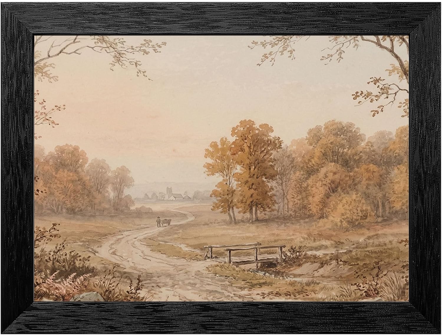 Framed Wall Art - 19th-Century Pastoral Landscape Watercolor Print in Black Frame - Autumn Forest and Nature Scene Decor for Living Room and Office - 24x36 Inch