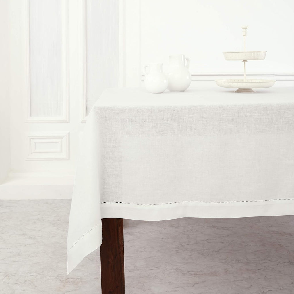 Solino Home White Linen Tablecloth 60 x 120 Inch - 100% Pure Linen Hemstitch Table Cloth for Rectangle Tables - Classic Hemstitch, Machine Washable Tablecloth for Summer, 4th of July