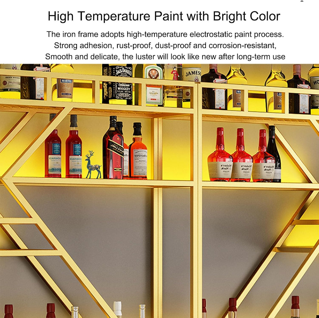 Wine Rack Wall Mounted Bar Shelves with Hanging Wine Glass Holder Rack and LED Light Liquor Bottle Display Shelf Floating Bar Shelves Whiskey Shelf Kitchen Wall Cabinet for Home Bar Cafe Dining Room (