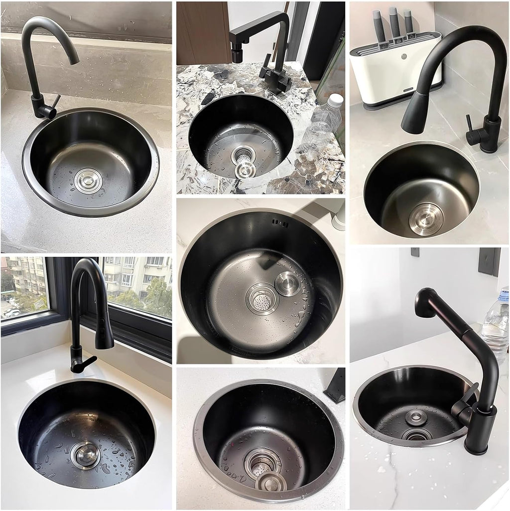 Stainless Steel Kitchen Sink, Single Bowl Sink With Drain Fittings & Overflow, Small Washing Basin, Round Pool For Utility Room, Kitchen, Bar, Pub, Drop In & Undermount(Black,32cm)