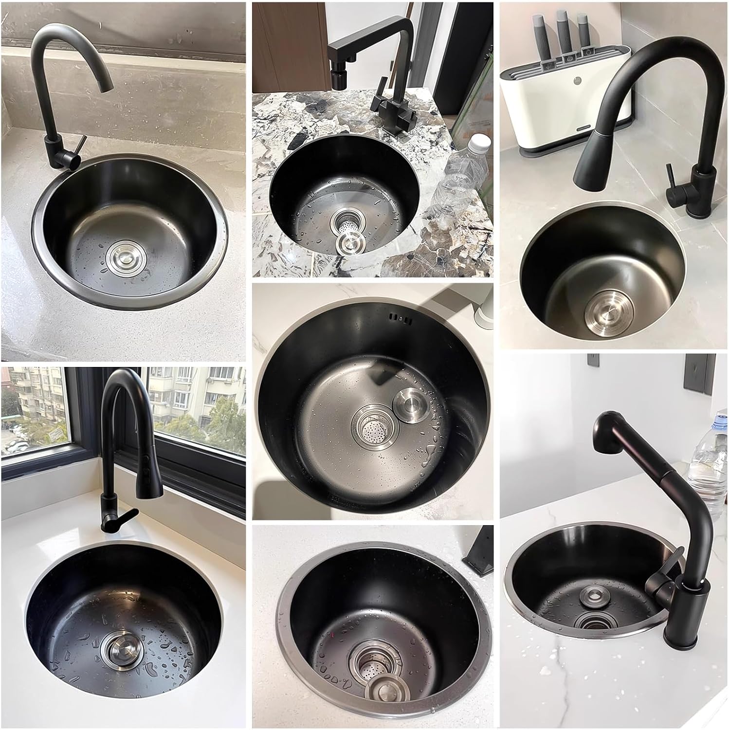 Stainless Steel Kitchen Sink, Single Bowl Sink With Drain Fittings & Overflow, Small Washing Basin, Round Pool For Utility Room, Kitchen, Bar, Pub, Drop In & Undermount(Black,32cm)