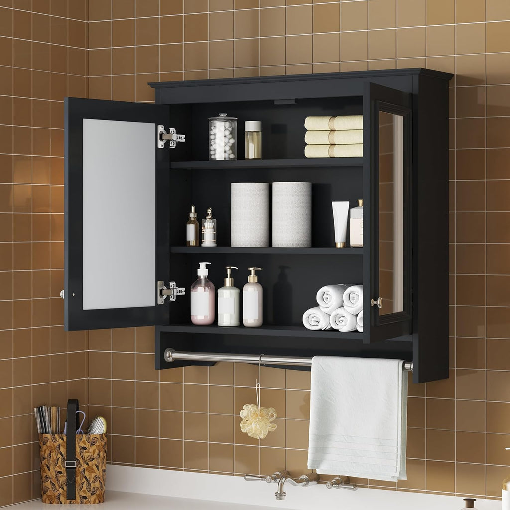 Merax 3-in-1 Bathroom Mirror Cabinet with Adjustable Shelves, Soft Close Doors & Towel Bar, 30' Wall Mounted Medicine Cabinet with High-Definition Mirror, Versatile Storage for Vanity, Bedroom, Black