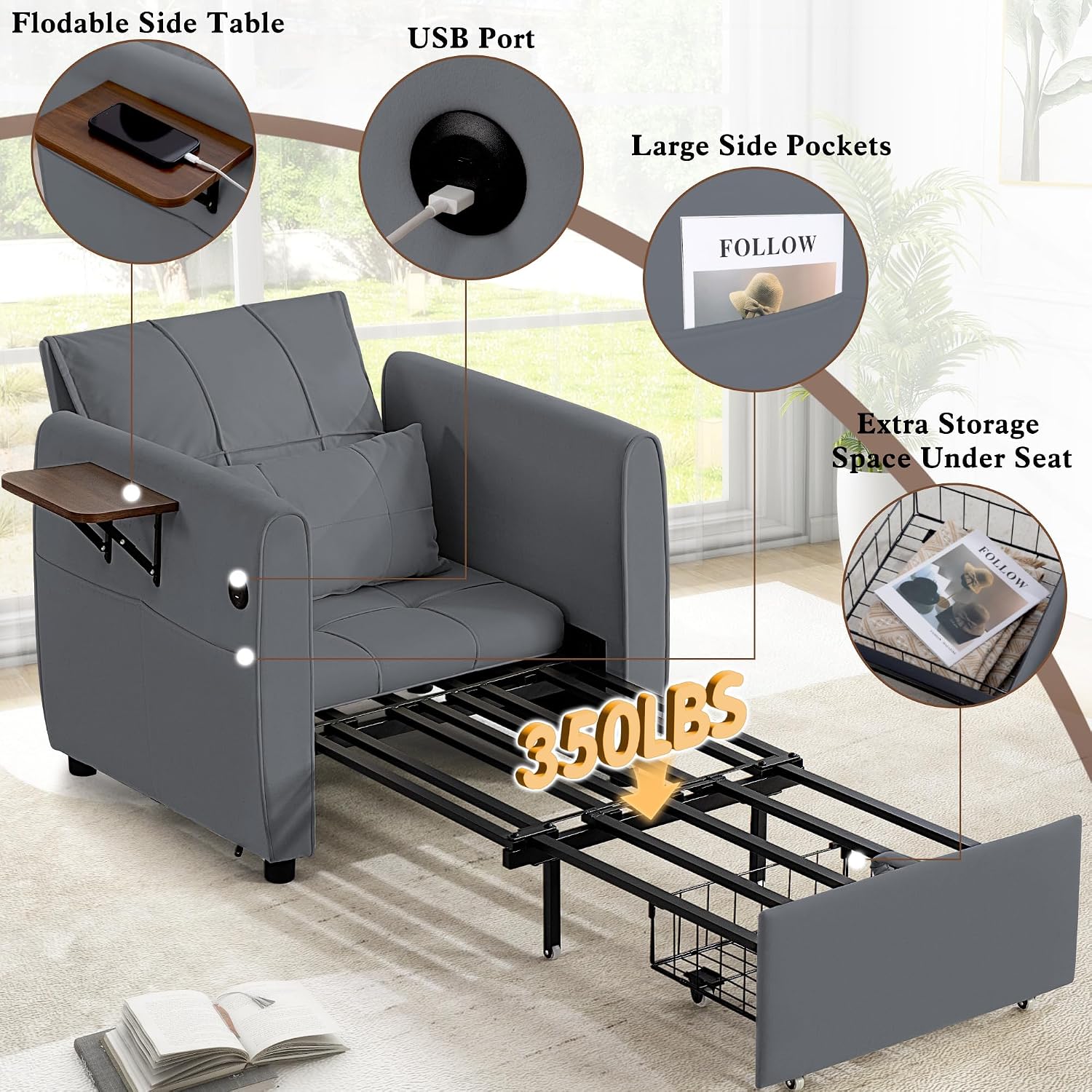 Suvivityse 90' Convertible Sleeper Chair Bed, 4 in 1 Pull Out Single Sofa Bed, Adjustable Backrest Recliner with USB Port, Storage Basket, Folding Side Table, for Living Room Apartment Small Place