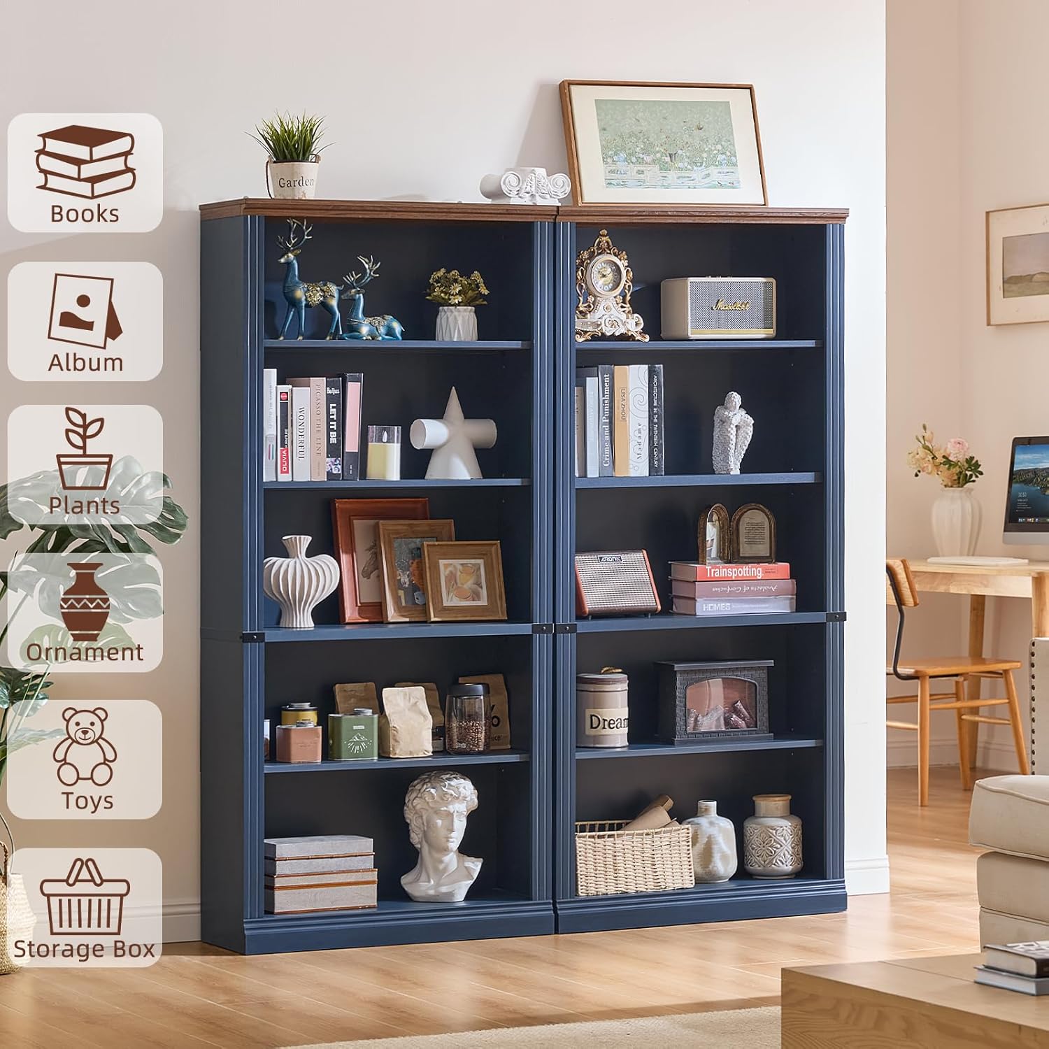 RWYHG 70' Blue Tall Bookshelf,5-Tier Thick Wooden Book Shelf with Adjustable Shelves,Free Standing Farmhouse Bookcase with Open Display Storage,Floor Vintage Bookshelves for Living Room,Office