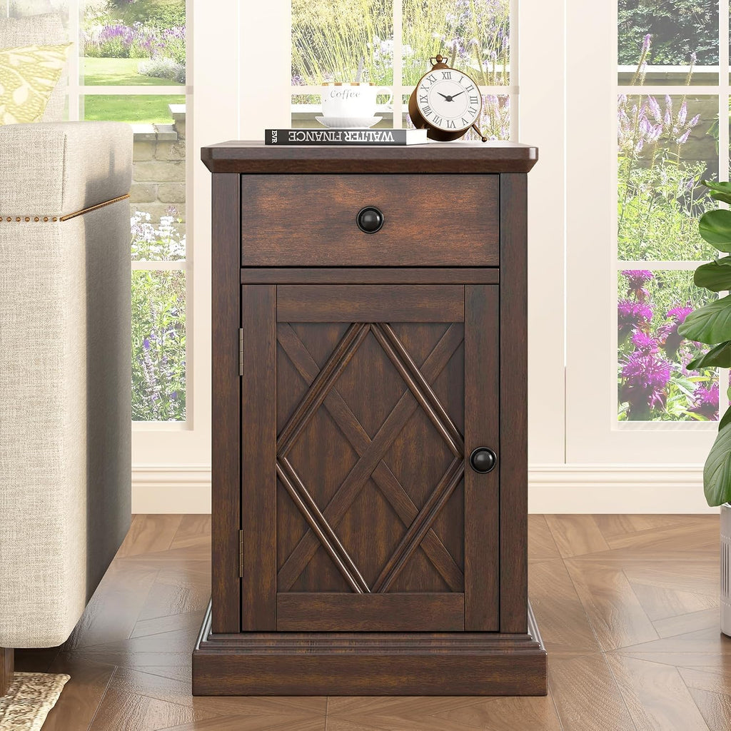 Multifunctional Classic Vintage End Table with USB Ports and 1 Drawer with Cup Holders, Sofa Side Narrow Table with Storage, Bedside Nightstand for Living Room Bedroom (Antique Espresso-4.3)