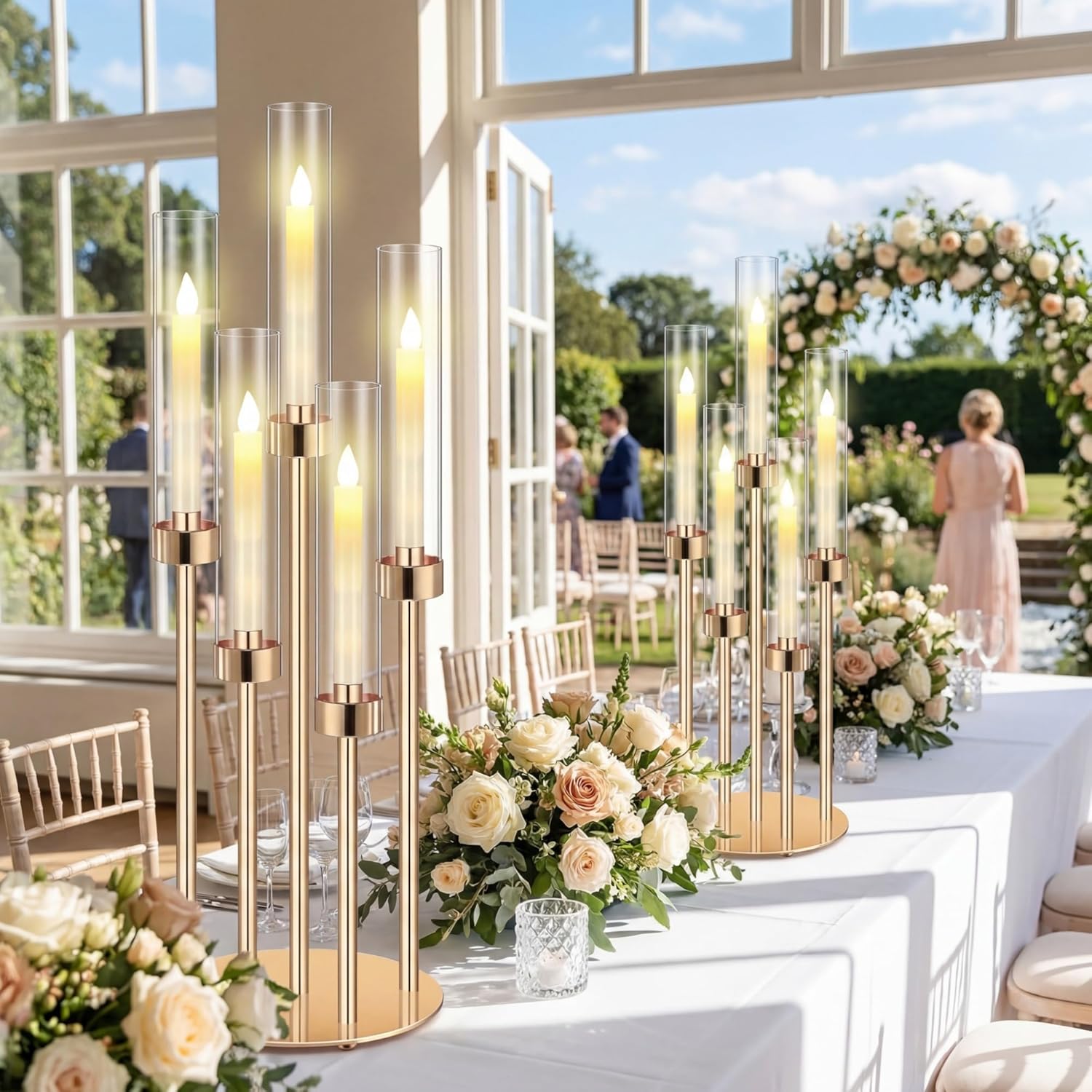 Tandefio 8 Set Gold Candelabra Centerpieces for Tables, 26.8 Inch 5 Arm Candle Holders with LED Candles and Acrylic Cylinders, Tall Acrylic Wedding Table Centerpieces for Reception Dinner Party Decor