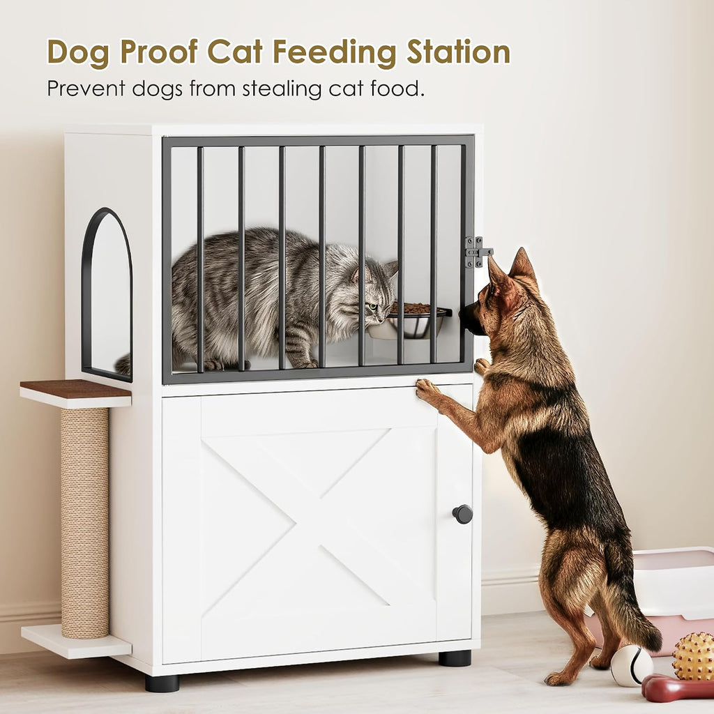 Cat Feeding Station, Dog Proof Cat Feeding Station with Scratching Post, Elevated Food Bowls with Stand, Cats Tree with Food Storage for Small Spaces, Pet House Furniture (White)