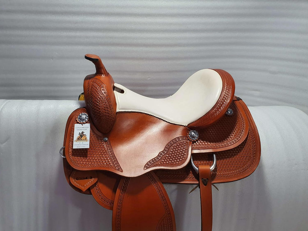 Western Leather Barrel Saddle Available from 10' to 18' with Combo Matching Headstall, Breast Collar, Front and Back Cinches Copper Rivets & Conchos (10 to 18 inches)
