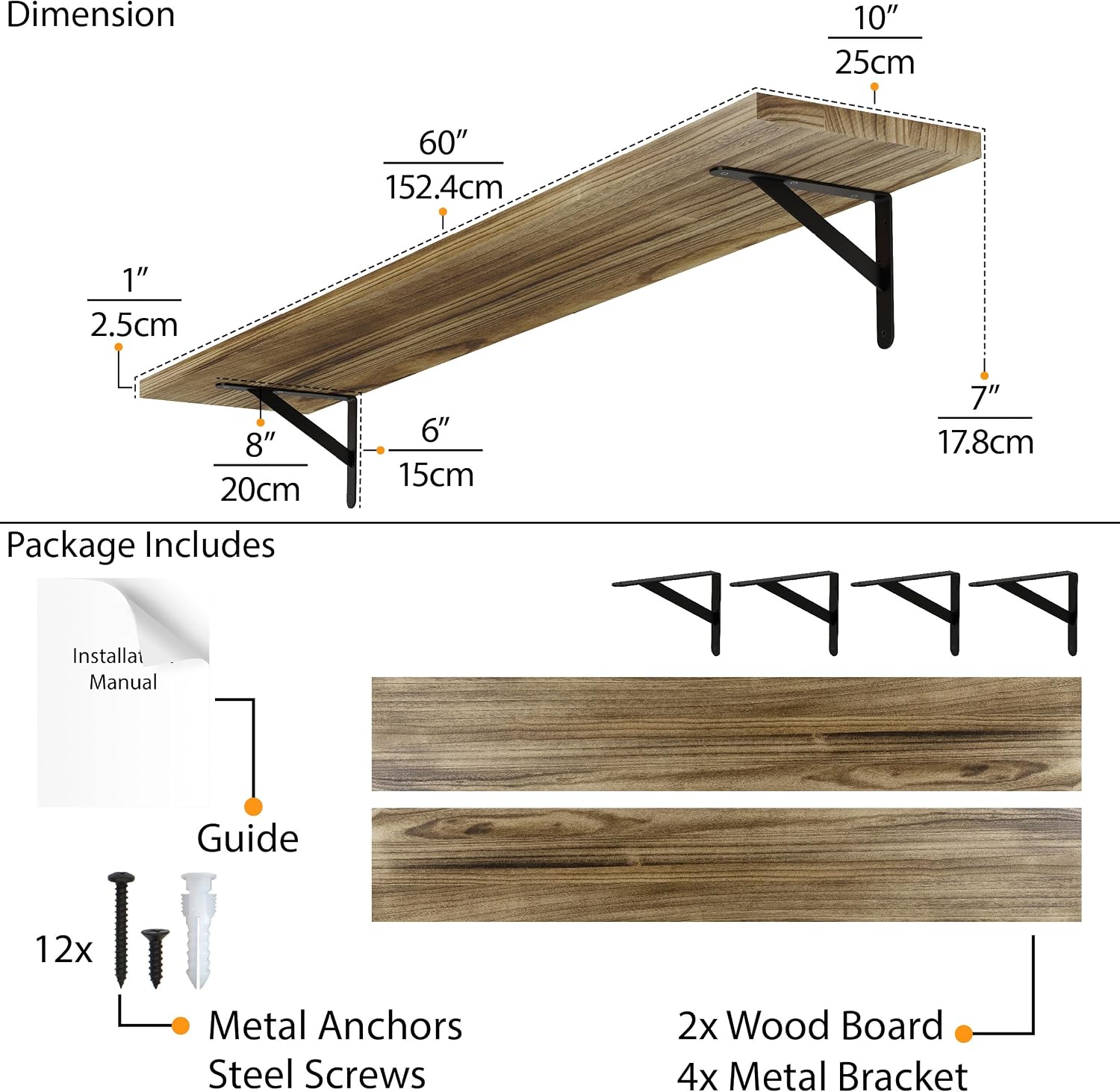 Wallniture Forme 60' x 10' Floating Shelves for Wall Decor, Rustic Wall Bookshelf, Shelves for Living Room, Office, Kitchen, Pantry Room, Floating Shelf, Set of 2, Burnt Finish, Wood