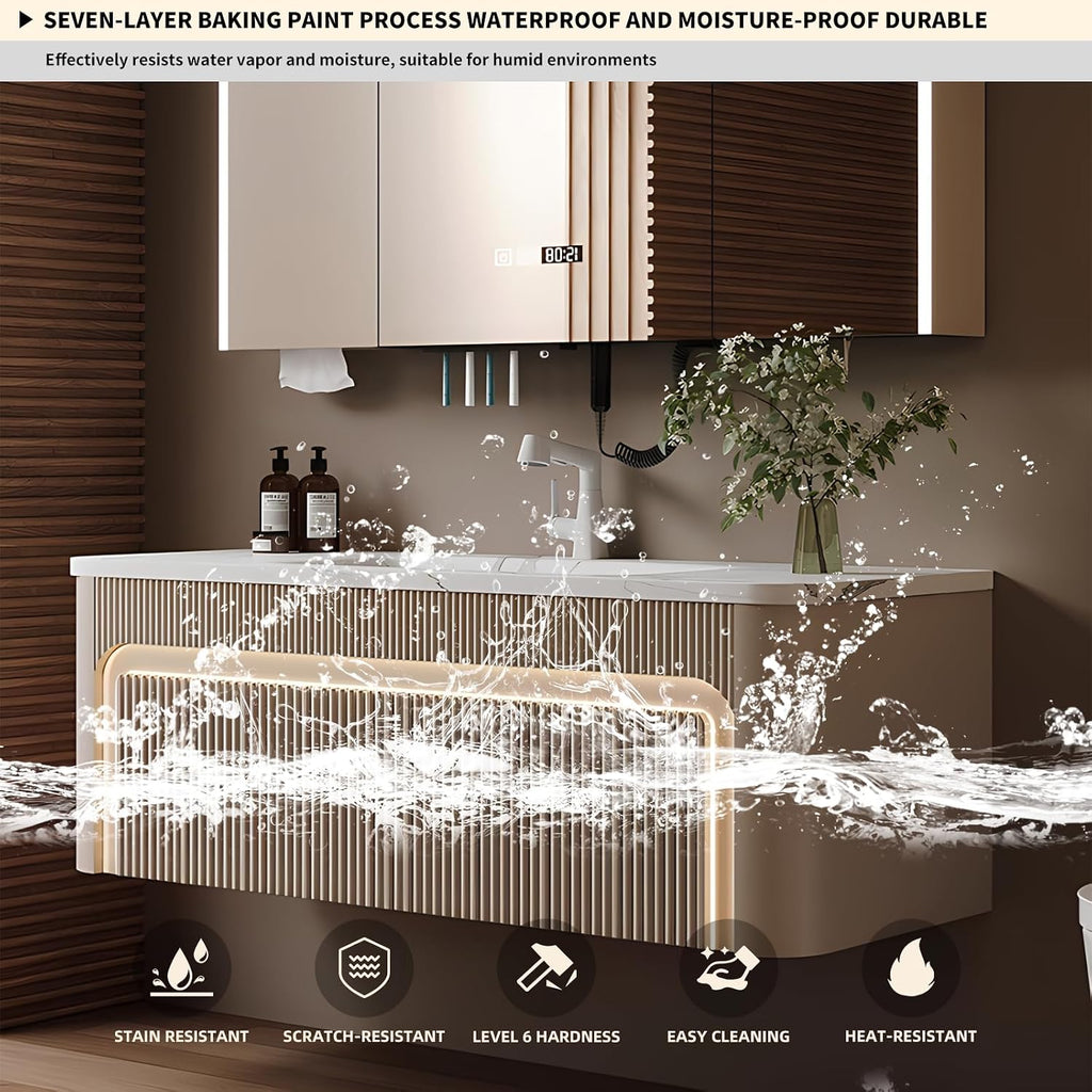 40 inch Bathroom Vanity, Elegant Floating Bathroom Vanity with Sink Smart Defog Mirror Cabinet and LED Strip Light, Solid Wood Modern Bathroom vanities with Large Storage Space,Milk Coffee Color