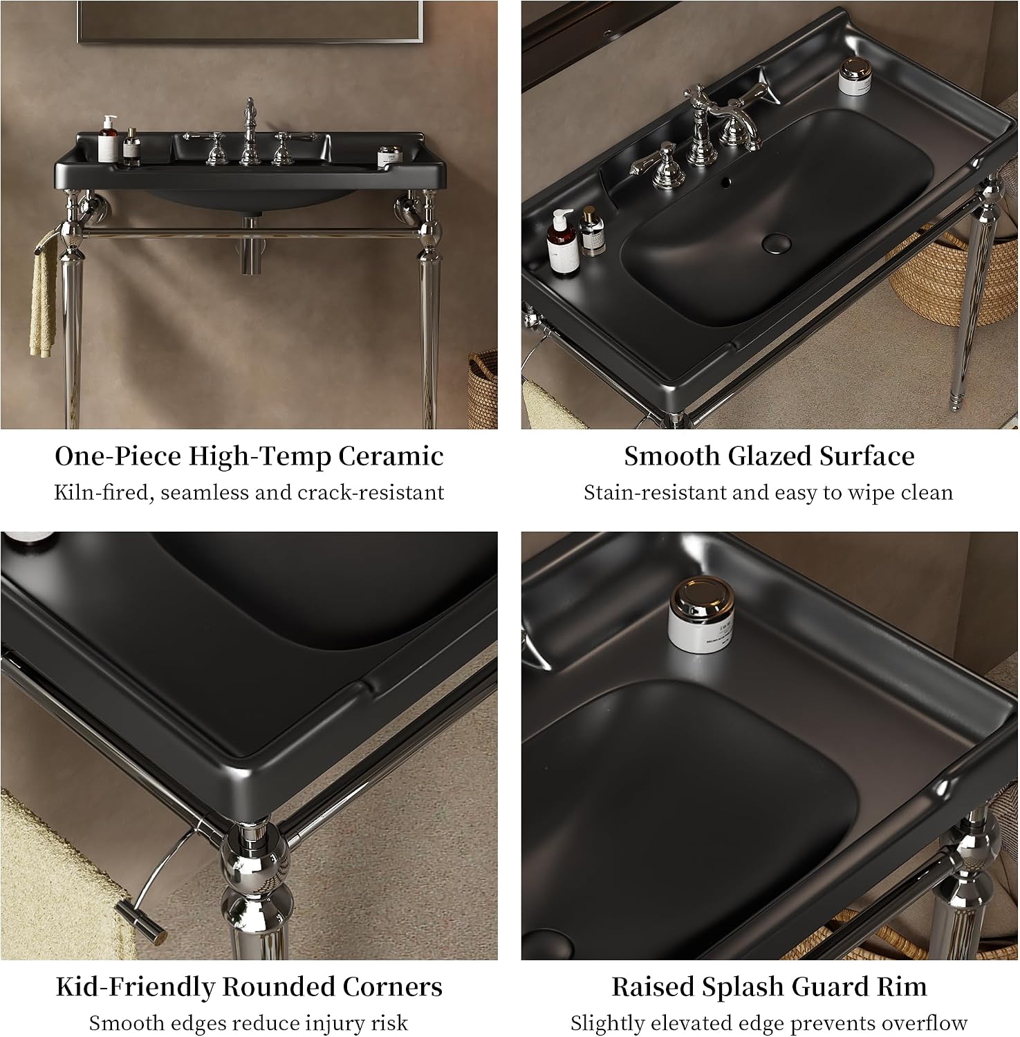 Yayzy 36' Bathroom Vanity with Black Ceramic Sink, Wall-Mounted Console Style, Silver-Finish Stainless Steel Legs & Towel Bar, 3 Faucet Holes, No Faucet