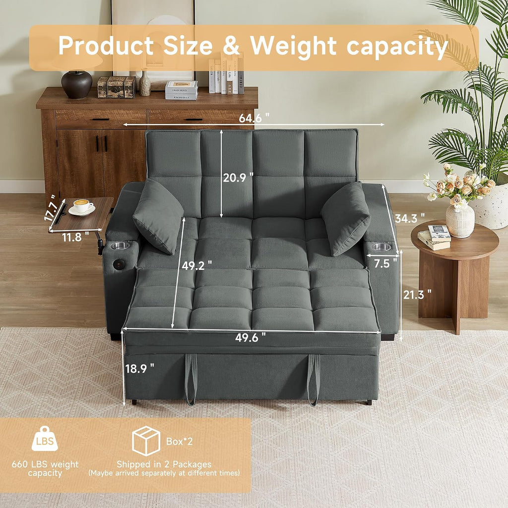 Auvsoce 65'' Chaise Lounge Chair Indoor, 3-in-1 Convertible Sofa Bed with Pull Out Design, 360° Swivel Side Table, Modern Chenille Couch Bed for Living Room