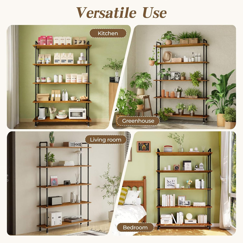 Industrial Bookshelf, Rustic Open Bookcase, 5 Tier Wood and Metal Bookshelf, Solid Pine Wood and Iron Pipe Tall Narrow Storage Shelf for Living Room Bedroom Office Kitchen