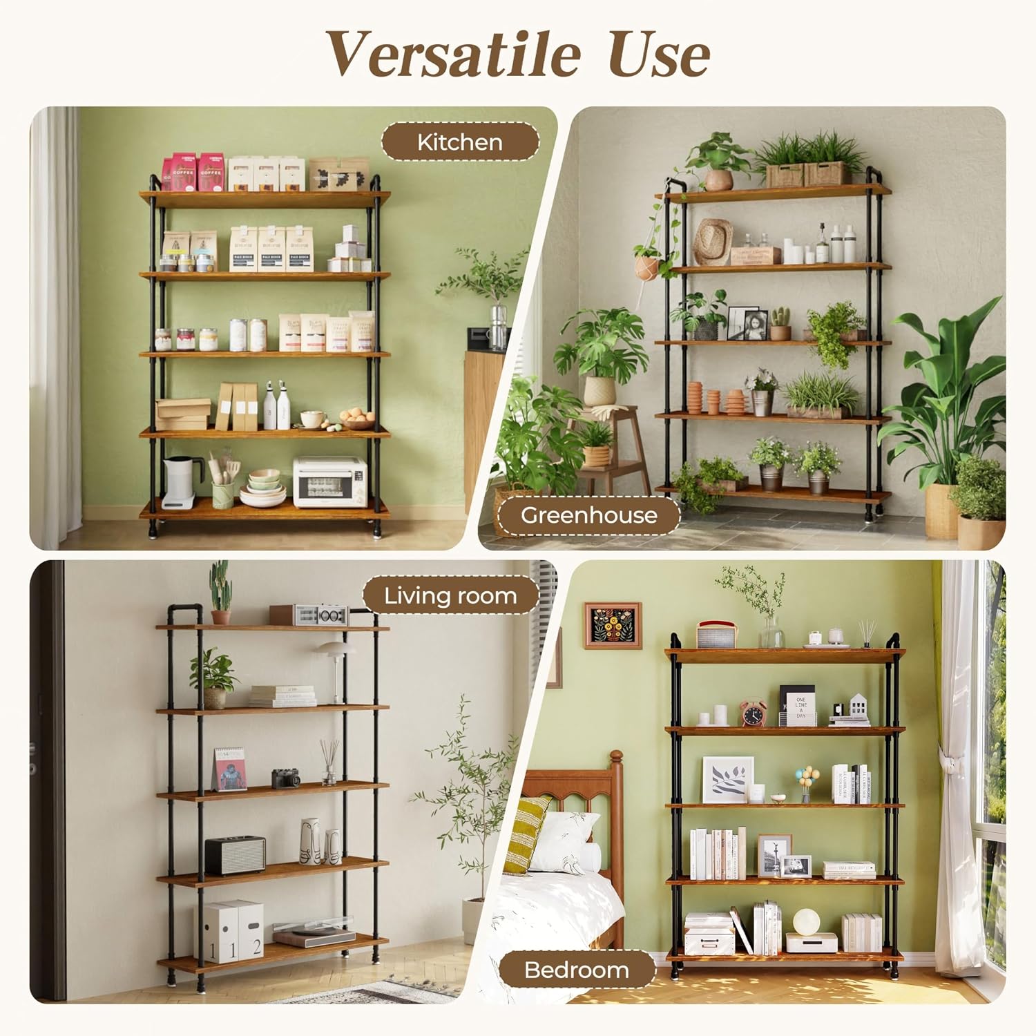 Industrial Bookshelf, Rustic Open Bookcase, 5 Tier Wood and Metal Bookshelf, Solid Pine Wood and Iron Pipe Tall Narrow Storage Shelf for Living Room Bedroom Office Kitchen